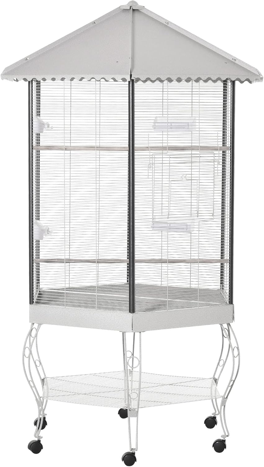 PawHut 44" Hexagon Covered Canopy Portable Aviary Flight Bird Cage With Storage