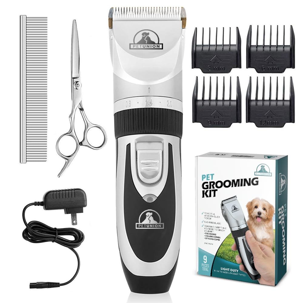 Pet Union Professional Dog Grooming Kit - Cordless Low Noise Dog Clippers for Grooming Thick Coats - All Pet Safe Cat Hair Trimmer - Pet Grooming Kit Includes Dog Hair Clippers, Nail Trimmer & Shears