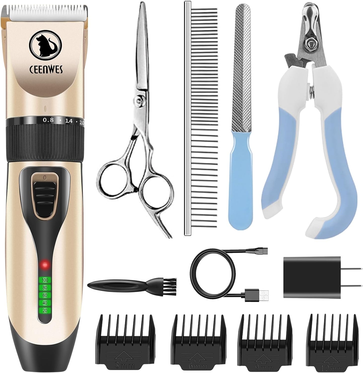 Power Display Dog Clippers Cordless Dog Grooming Kit Professional Horse Clippers Detachable Blade with 4 Comb Guides, Low Noise Pet Clippers Rechargeable Pet Grooming Tools for Dogs Cats Pets