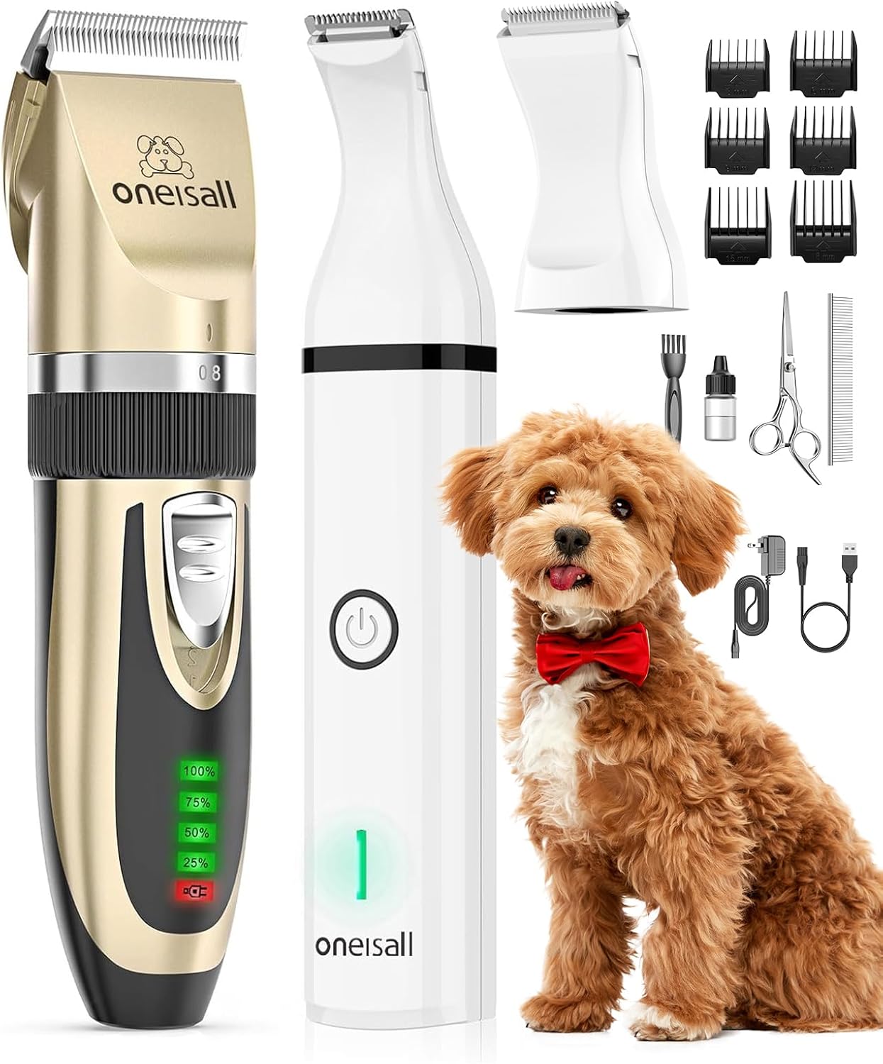 oneisall Dog Clippers and Dog Paw Trimmer Kit 2 in 1 Low Noise Cordless Dog Clippers for Grooming Pet Hair Trimmers for Small and Large Dogs Cats Animals